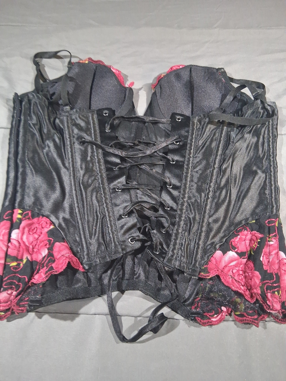 Frederick's of Hollywood Black Corset Bustier with Pink Floral Embroidery